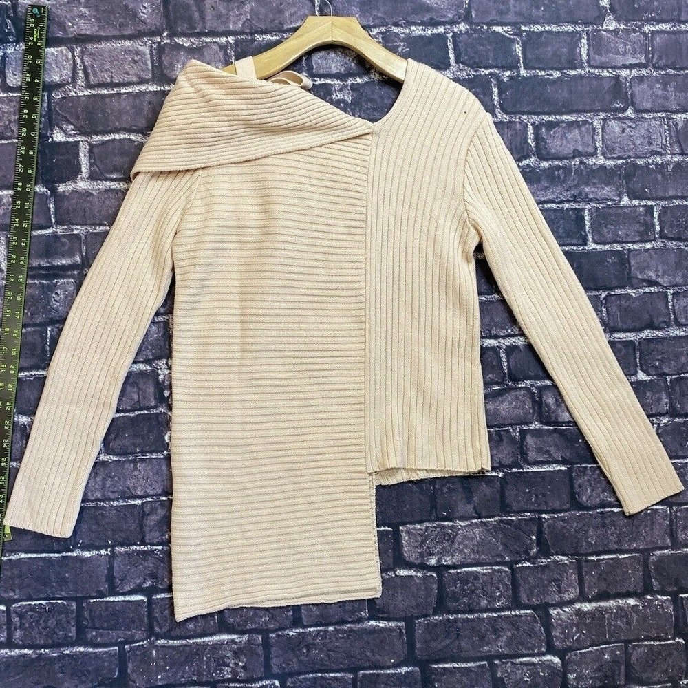 Venus Sweater Women M Beige Asymmetrical Hem Ribbed Knit Tie‎ Neck Pullover